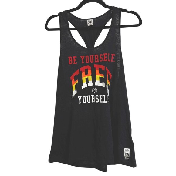 Zumba Wear Racerback Tank Top Black Sz Medium "Be Yourself. Free Yourself." NWT - Picture 1 of 10